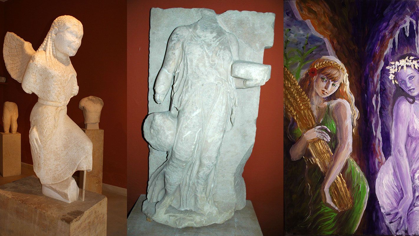 The Gorgon and the marble relief Kore, at archaeological museum of Paros